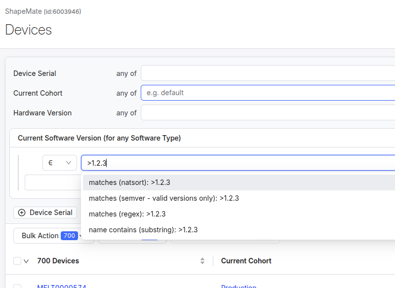 Improved software version filter in device search