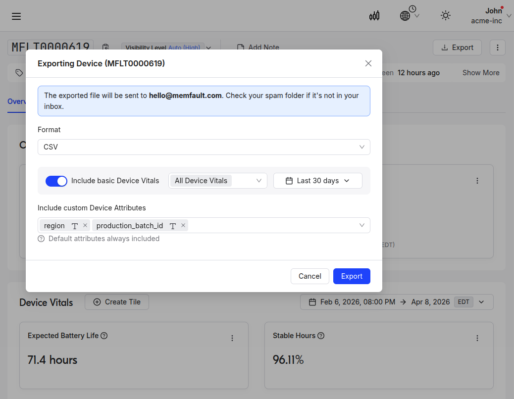 Exporting device vitals from the Device Detail page