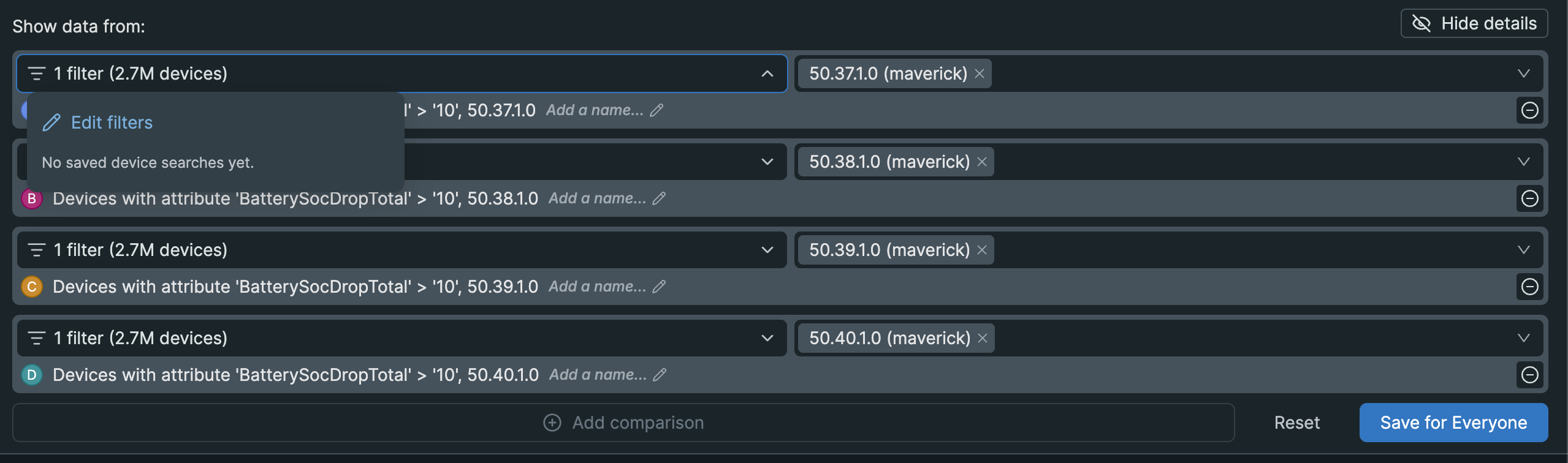 Dashboard filter row showing the saved search dropdown