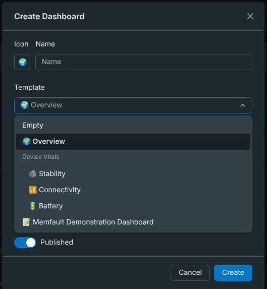 Dashboard template picker including the Overview template