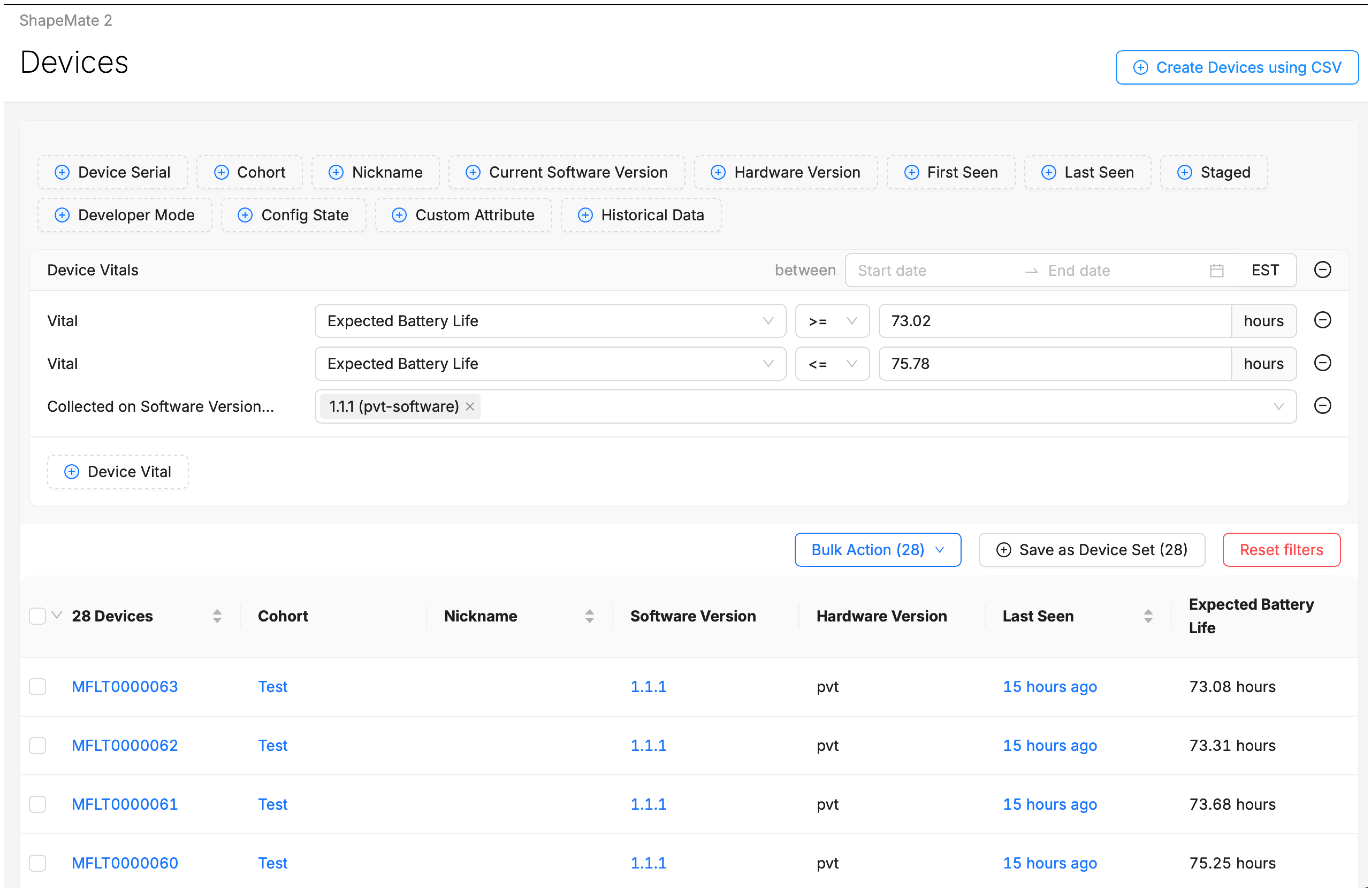 The destination of a major percentiles drill down: the Device Search page, pre-filtered by all filters specified on the original dashboard.