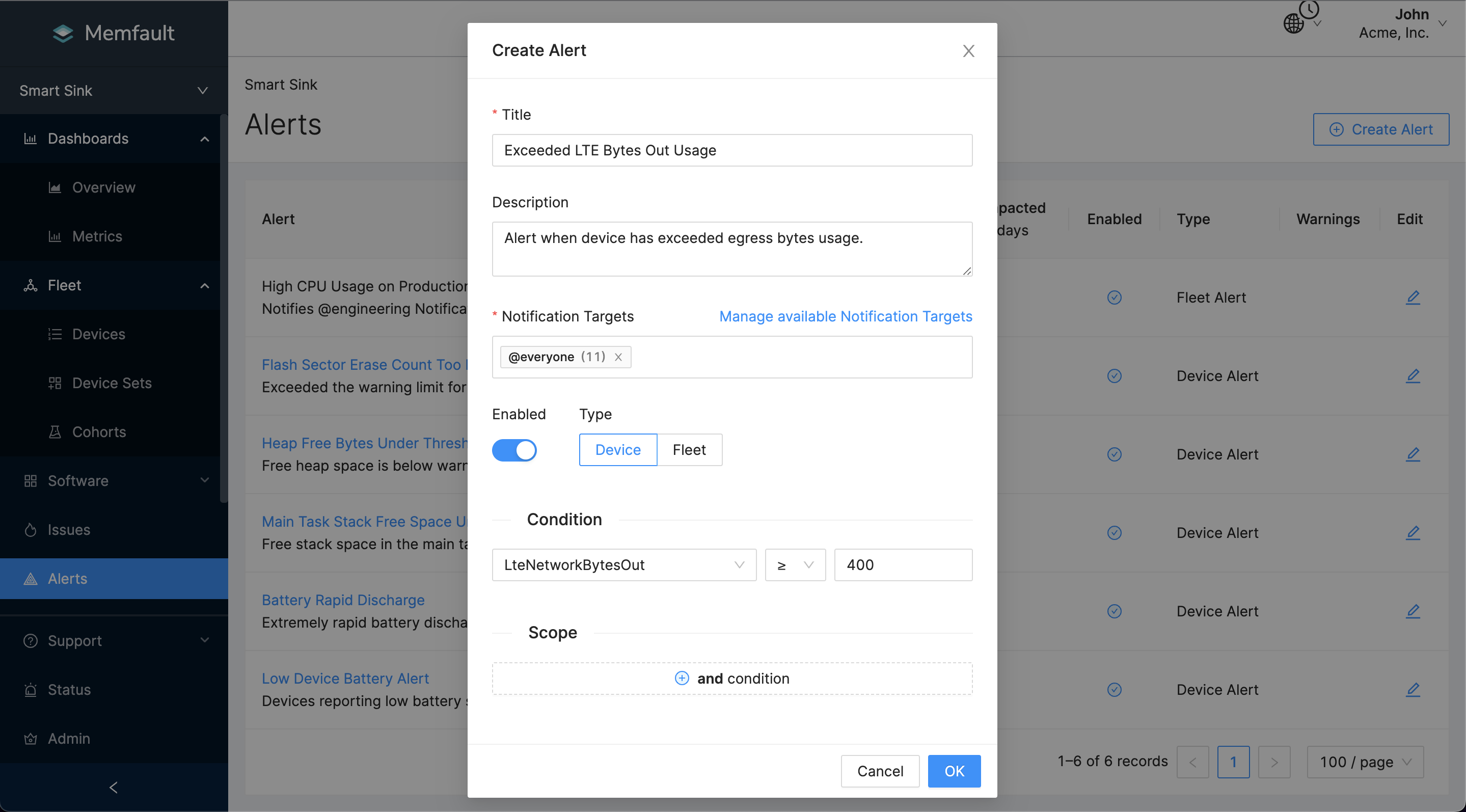 LteNetworkBytesOut Device Threshold alert creation.