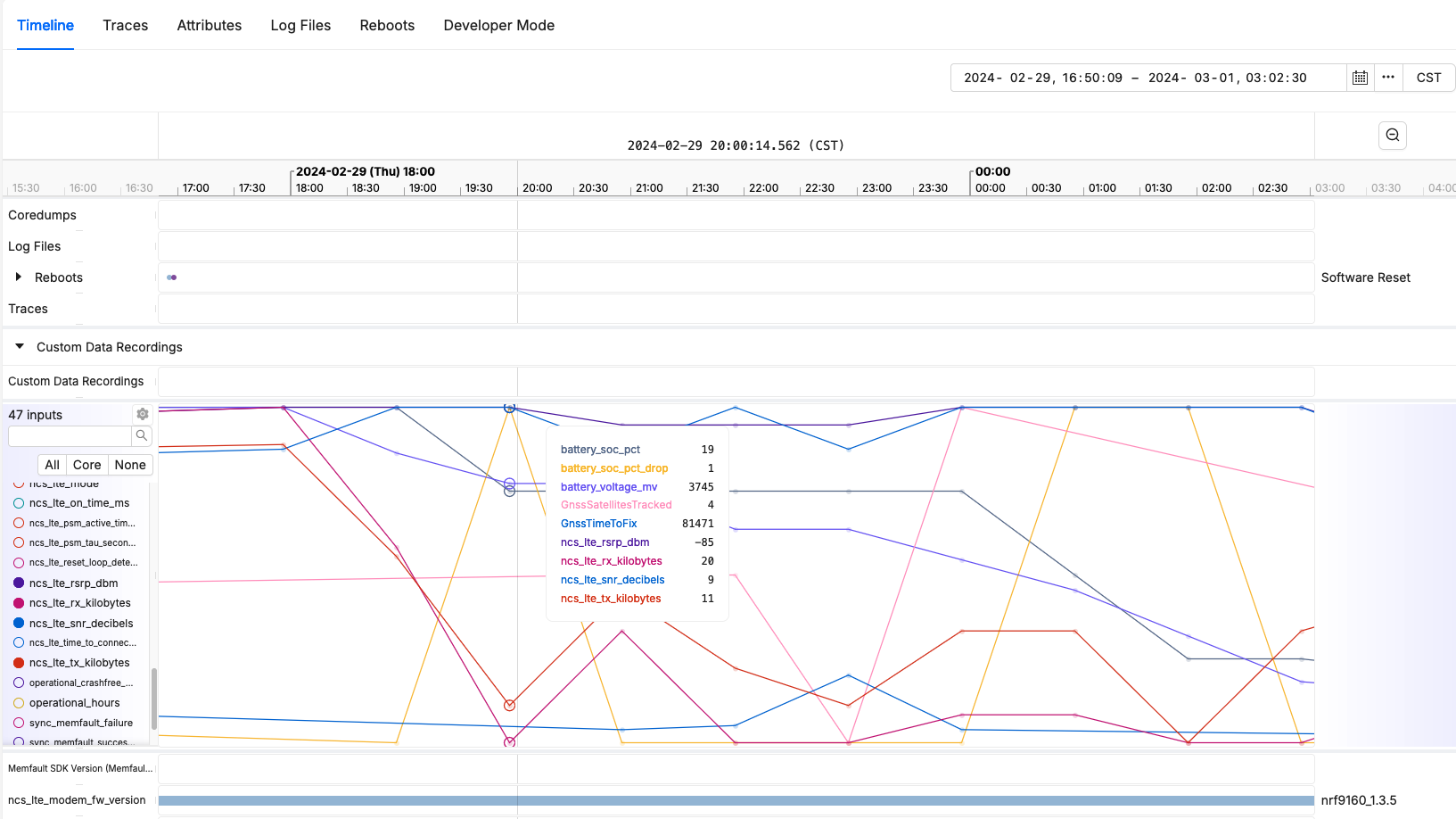 Device metrics collected with Memfault
