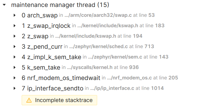 Incomplete stacktrace alert A thread backtrace with an orange alert symbol and the words 'Incomplete stacktrace'