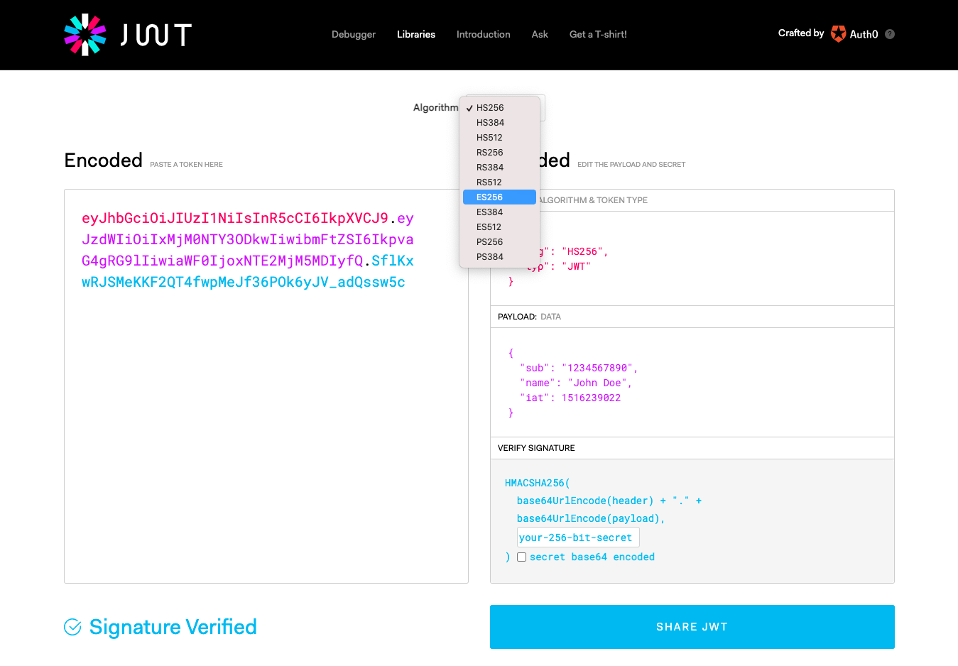 jwt.io algorithm selection