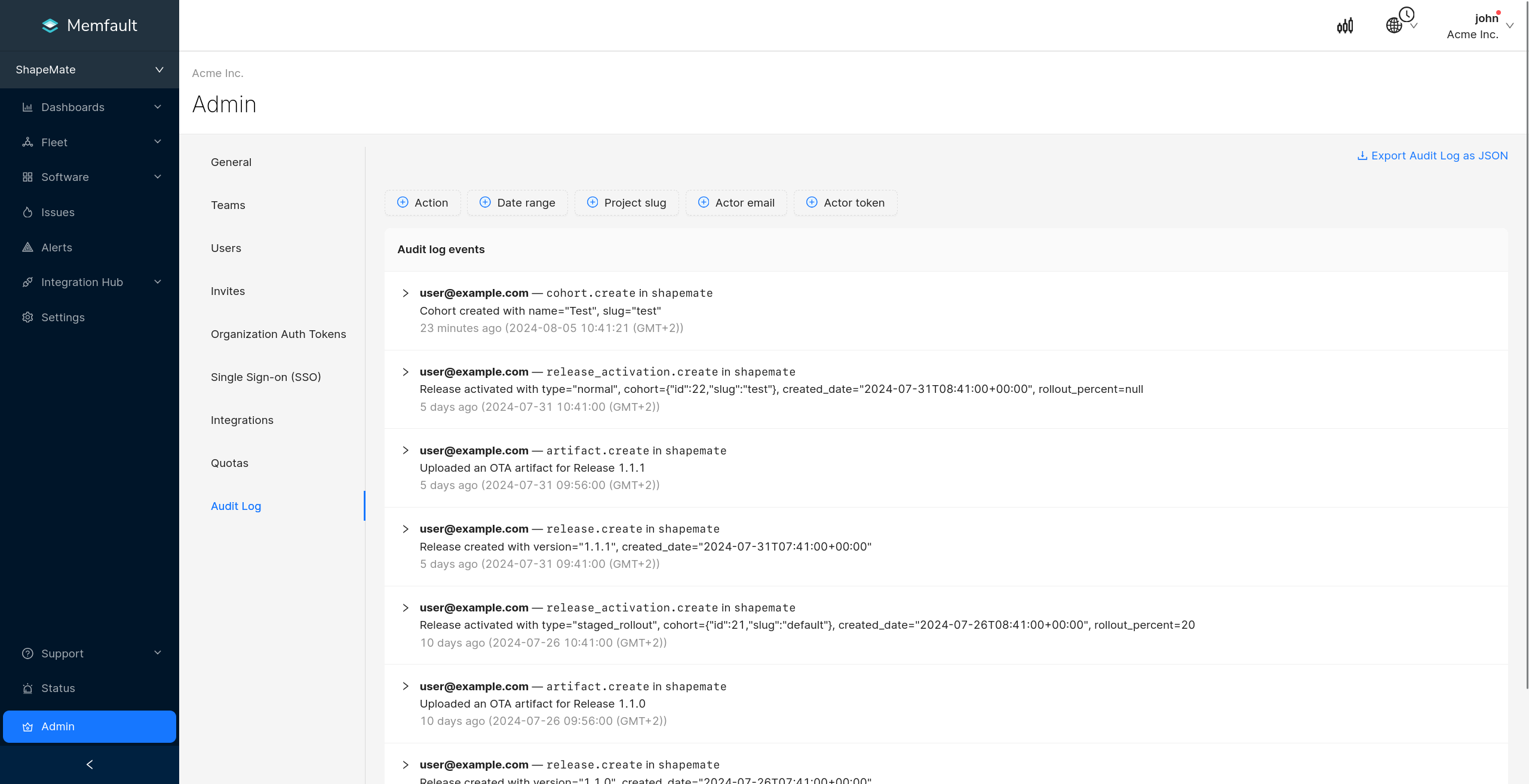 The Audit Log in the Memfault Web App