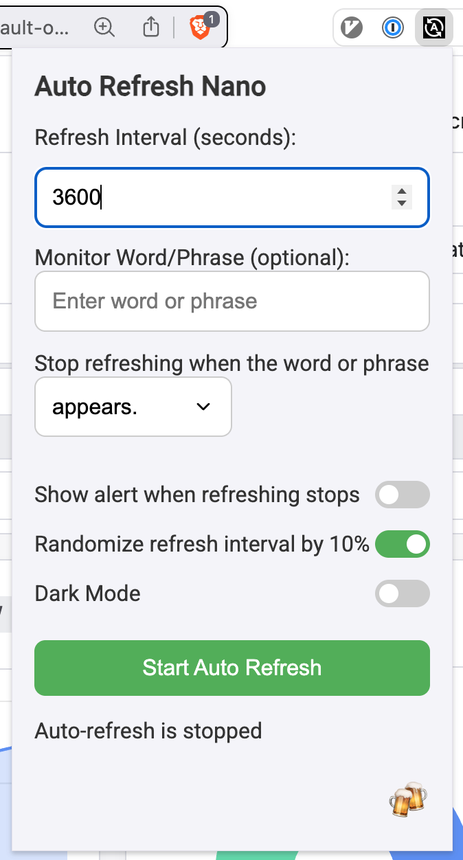 Auto Refresh Nano extension icon and settings