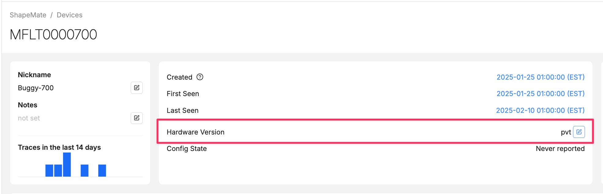 Device page with hardware version editing highlighted