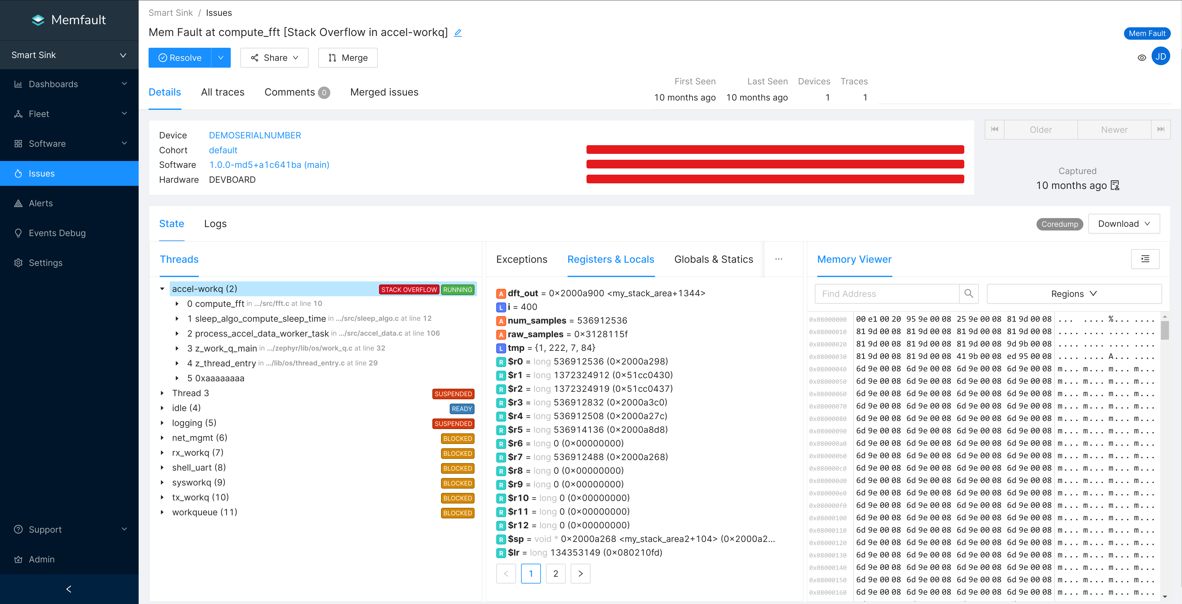 MCU trace analysis view, viewing registers and locals