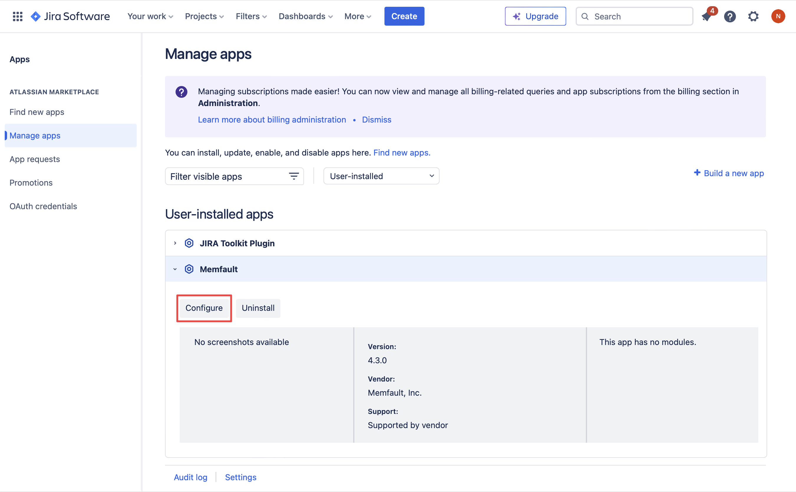 Screenshot of the Manage apps page