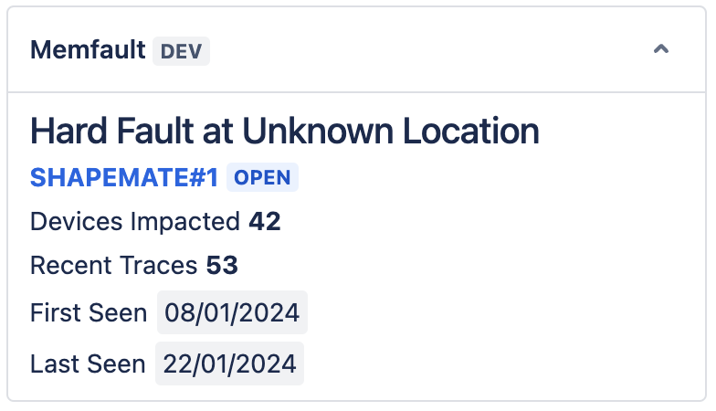 Screenshot of the linked Memfault issue on Jira