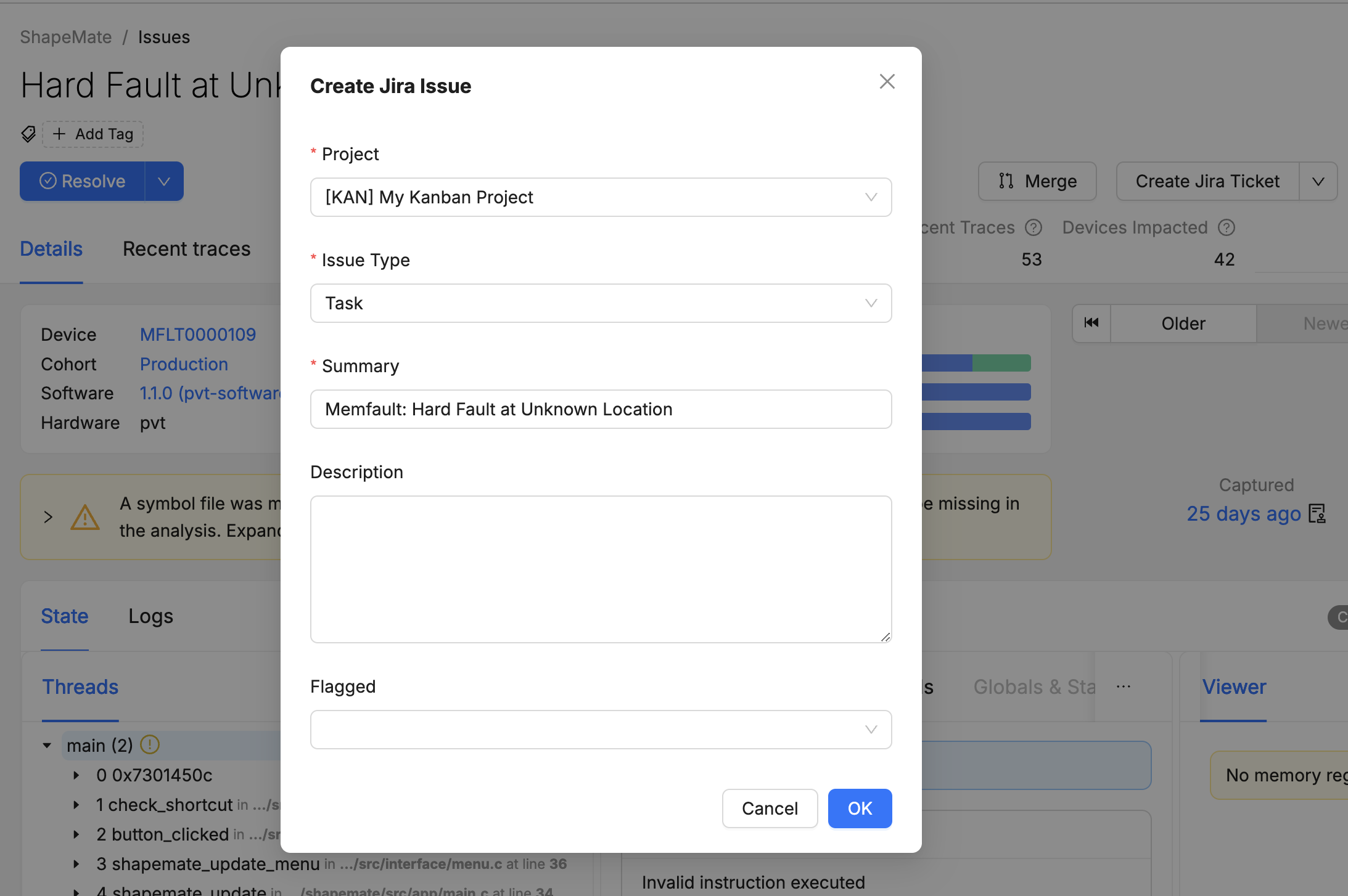 Screenshot of Create Jira issue modal