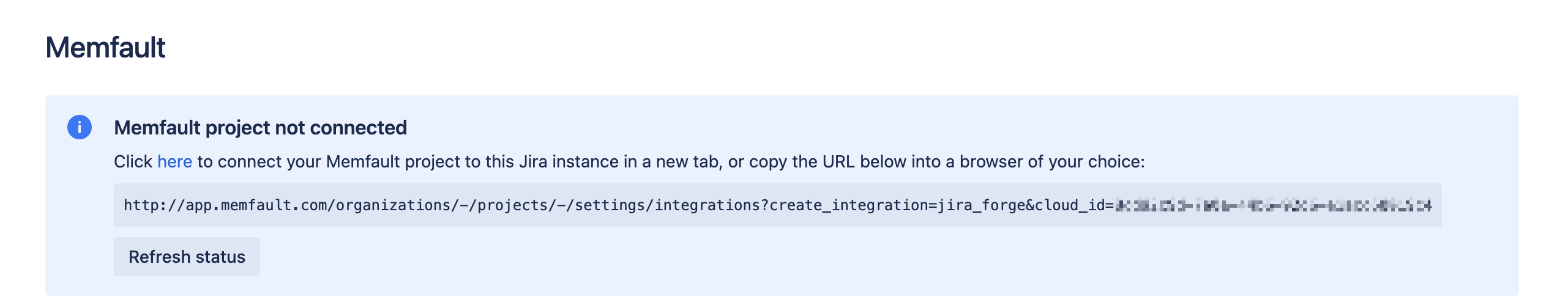 Screenshot of the app configuration page to link a Memfault project
