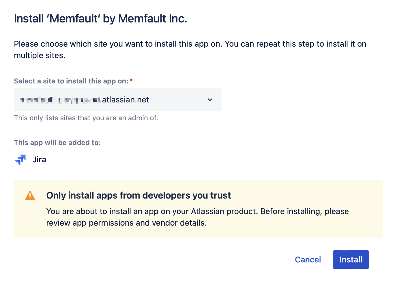 Screenshot of the Atlassian Marketplace 'Install Memfault' prompt