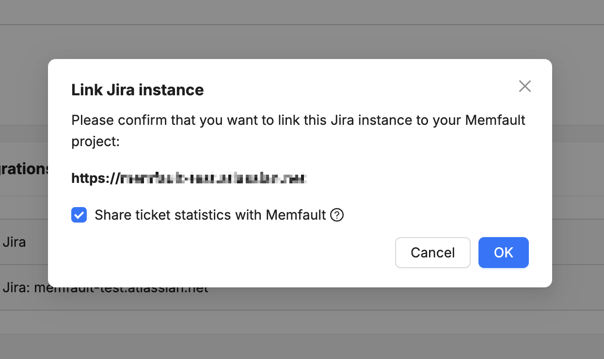 Screenshot of the Memfault app asking to confirm the Jira link