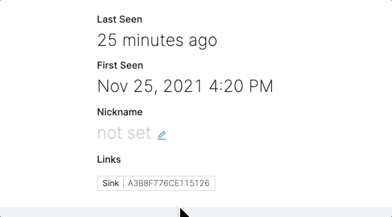 Animation showing the mouse hovering over a linked Device tag in the Device details page