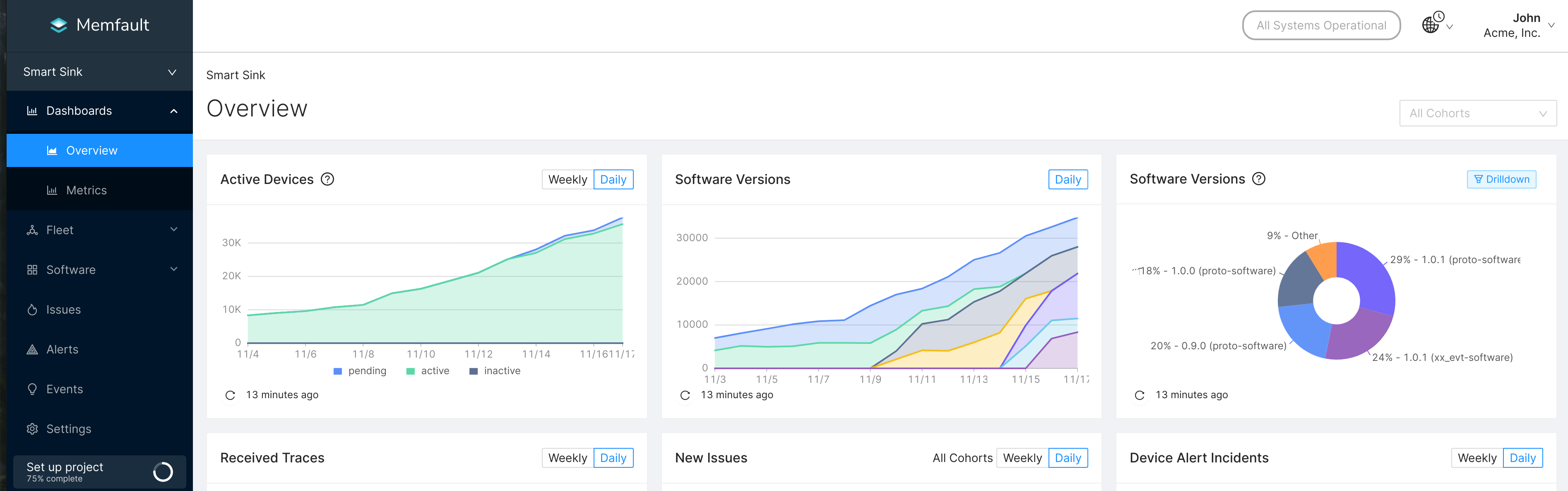 Active Devices and Software Versions of your fleet in the Memfault Overview Dashboard