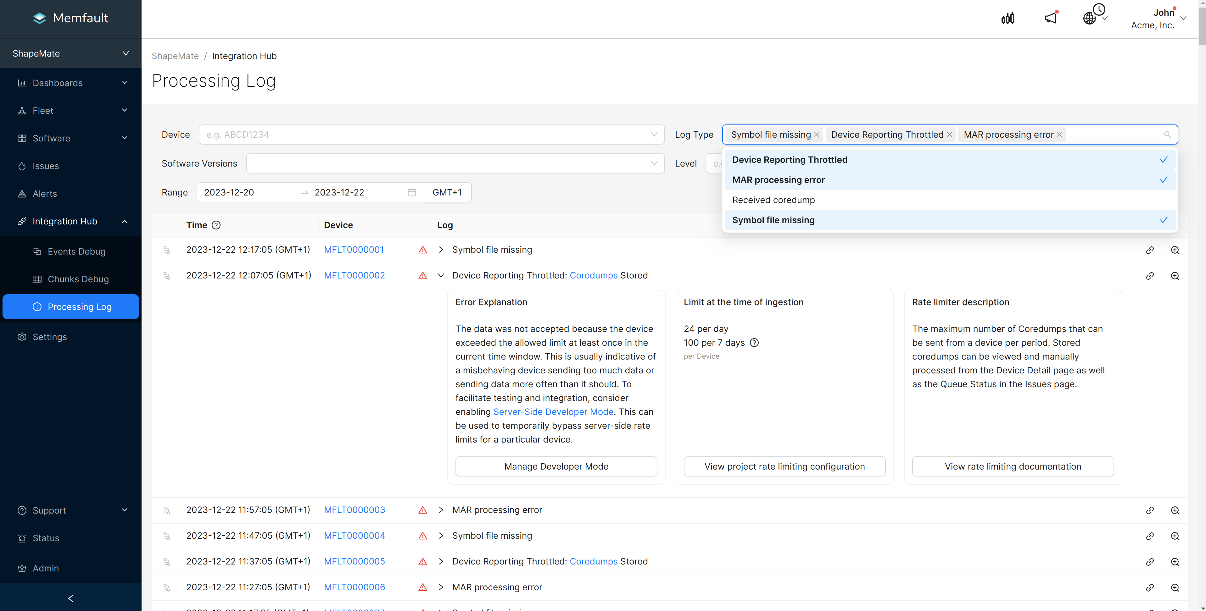 Integration Hub / Processing Log