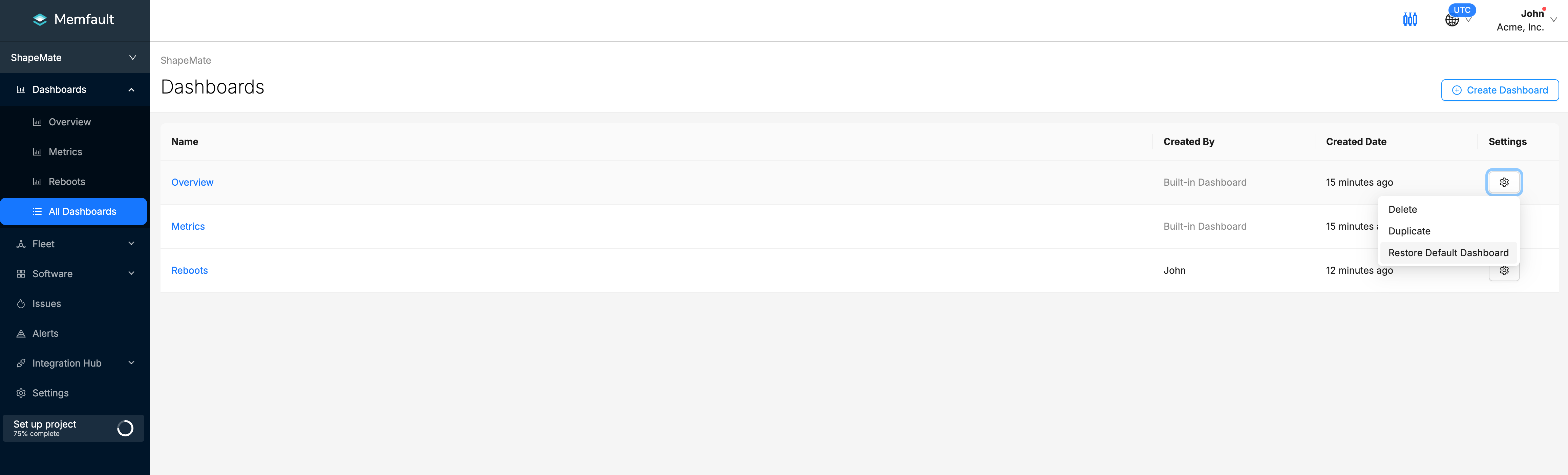 Restore default overview dashboard