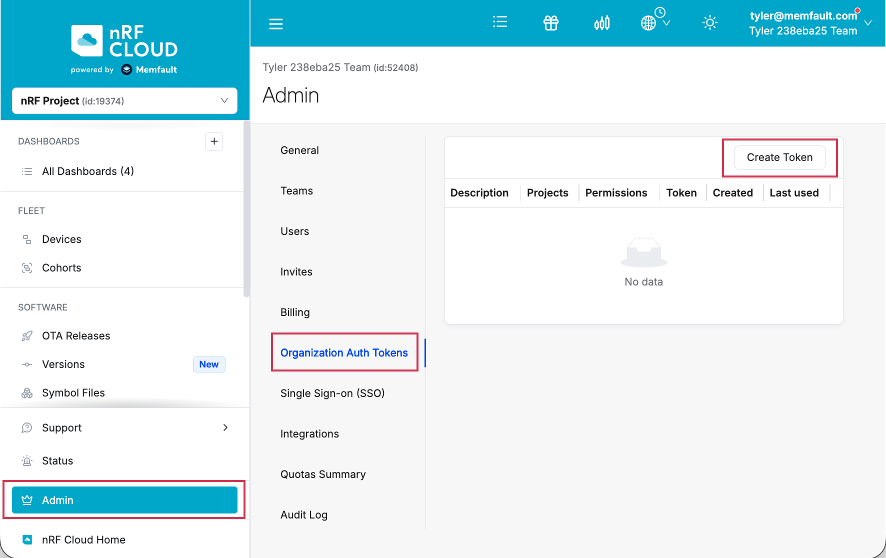 Admin > Organization Auth Tokens with Create Token button highlighted