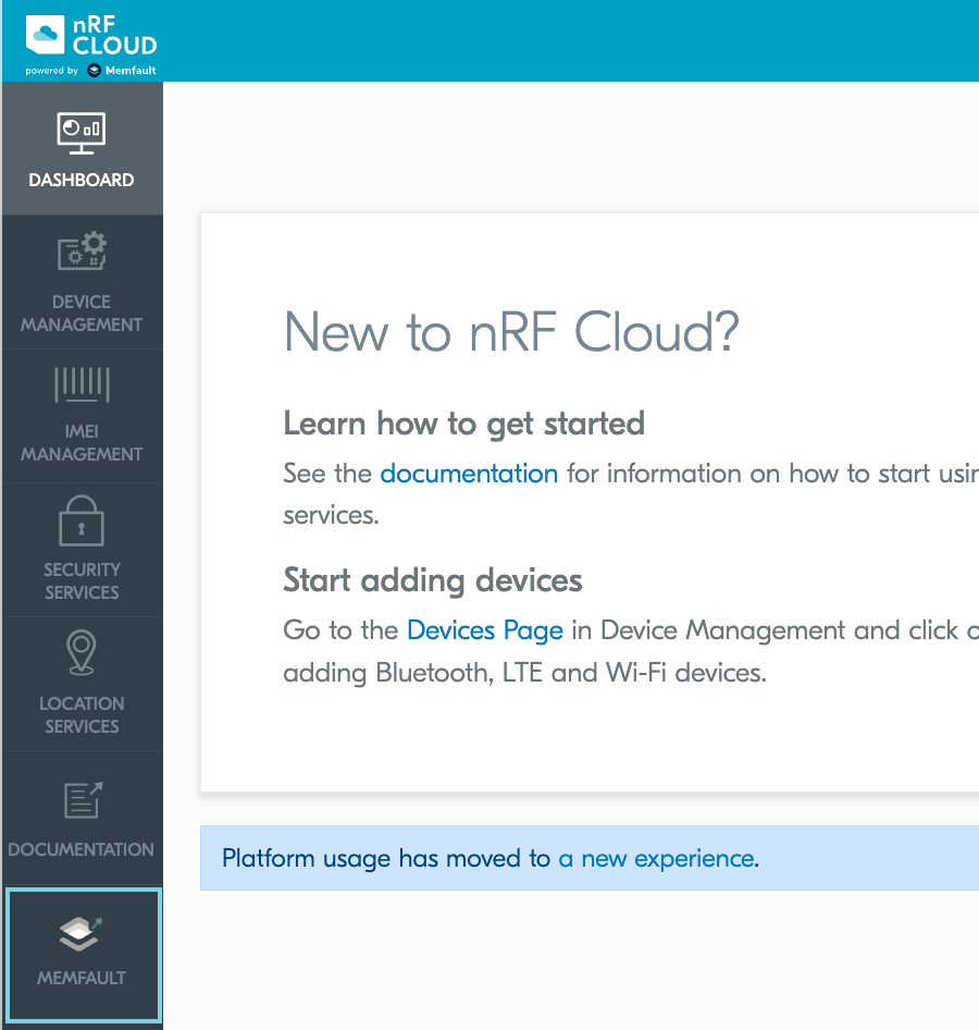 nRF Cloud sidebar with Memfault item highlighted