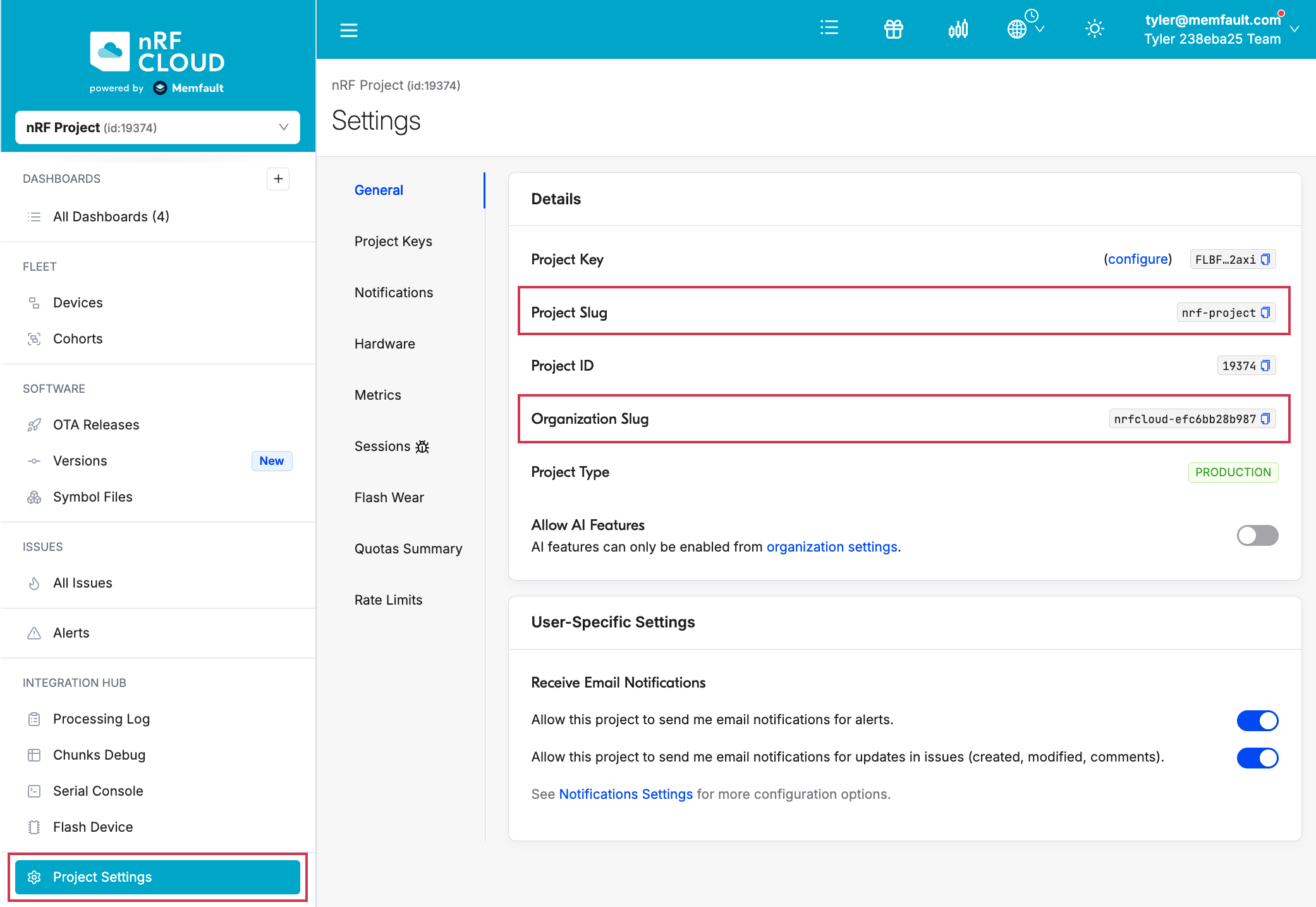 Project Settings > General showing Organization Slug and Project Slug