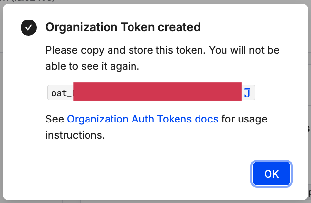 Token displayed once after creation
